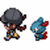 Pixel art character with dark gray cap and red scarf, blue creature with red accents, and gray background