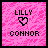 Six pink pixelated icons with 'LILLY' and 'CONNOR' text, each featuring a heart symbol in different states of closure.
