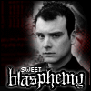 Black-and-white portrait of a person with dark hair against a red and black background, with stylized text reading 'SWEET blasphemy' at the bottom.