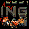 Pixel art image featuring large metallic letters spelling 'MEGA' above three pixelated characters holding weapons against a black background.