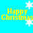 Pixelated blue background with yellow "Happy Christmas" text and white snowflakes in four quadrants, some snowflakes partially overlapping the text.