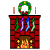 Pixelated holiday icon showing a red brick fireplace with green stockings, yellow flames, and a colorful wreath above.