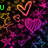 Pixelated of heart and star shapes with green text fragments on a dark background