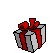 Pixelated gift box with red ribbon and teddy bear emerging from it, showing three sequential animation frames.