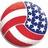 A circular icon with red and white stripes and a blue field of white stars, set against a solid blue background with pixelated text elements.