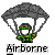 Pixelated icon shows a figure in green camouflage with a white face, suspended beneath a gray parachute against a light gray background, with the word "Airborne" below.