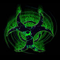 Static green and black pixelated icon with abstract swirling patterns resembling a stylized face or mask on dark background.