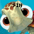 Pixelated turtle head with large eyes and brown shell spots, displaying text variations against a blue background.