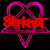 Pixelated static icon featuring red text over a magenta heart-shaped frame on black background.