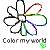 A flower-shaped icon with white petals and a multicolored outline, featuring the text "Color my world" below it.