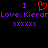 Pixelated text and symbols on black background: purple 'I' letters, red heart symbol, repeated 'Love Kierar' text, and purple 'xxxxxx' sequences.