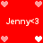 Red background with repeated white and pink pixelated hearts surrounding text reading "Jenny<3" in two