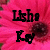 Pixelated black text on a pink background with dark brown circular shape.