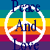 Pixelated icon with rainbow horizontal stripes background, white circular border enclosing text fragments 'Post', 'And', and partial letters.
