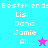 Pixelated text lists names under 'Bestfriends' with two distinct star icons on cyan and magenta backgrounds.