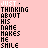 Pixelated text on a pink background with one white heart symbol, displaying repeated phrases about thinking about someone's name and smiling.