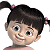 Pixelated cartoon-style head with dark hair in two pigtails tied with pink hair ties, light skin, large eyes, and a smiling mouth.