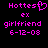 Pixelated pink text and a heart symbol on black background, with two identical side-by-side layouts showing 'Hottest ex girlfriend 6-12-08' in distinct lettering styles.