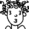Black-and-white cartoon character with curly hair and number '3' on forehead, shown in multiple poses including hand gestures near face, closed eyes, and holding objects.