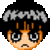 Pixel art contact sheet of two animated frames showing a cartoon character's face with black hair, orange skin tones, and changing expressions against gray background.