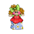 Pixelated character with curly brown hair, green bow, red top, blue skirt with white and yellow details, pink cheeks, black eyes on gray background.