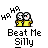 Animated contact sheet of a pixel art buddy icon showing two stick figures in yellow outfits with changing facial expressions and poses across seven frames, accompanied by "HA HA" text above and "Beat Me Silly" text below on gray background.