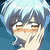 Pixelated character with light blue hair and white mask-like face, shown in four distinct poses against dark blue background.