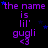Purple text and blue stars on black background with repeated 'the name is lil' gugli <3' phrase, one gray square in bottom-right corner.
