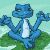 Blue frog-like creature meditates on green lily pad against light blue background, hands in mudra positions.
