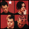 Animated sequence of two people against red background with white stars, one person has dark hair and black choker, the other has light brown or blonde hair.