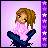 Pixel art animation of a girl with brown curly hair in a pink top and dark pants, transitioning from a seated pose to text about being 'scared and running out of time' on a purple starry background.