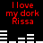 Red pixelated text 'I love my dork Rissa' on black background with white horizontal bars, animated to shift position across frames.