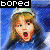 nine identical pixelated images showing a person with light brown hair wearing a green headband and blue top against a blue background, each with the word 'bored' in white text on a black bar above
