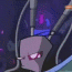 Animated sequence of a gray cartoon character with large pink eyes and sharp teeth, showing facial expressions from neutral to wide-open mouth against a dark blue background.