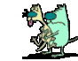 Animated pixel art of a two-headed creature lifting weights against gray background.