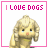 A pixelated dog with light brown fur and pink nose appears in a of 25 , each showing a different pose and text variation of "I LOVE DOGS" in pink capital letters