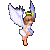 Pixelated angel figure with brown hair, white dress, and light blue wings in six sequential poses showing wing movement.