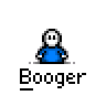 Animated contact sheet of a pixel art character in blue shirt performing various hand gestures and poses with green leaf-like objects, labeled "Booger" under each frame on gray background.