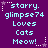 Purple background with light blue pixelated text reading 'starry. glimpse74 Loves Cats Meow!' and white star decorations, displayed in a of six identical