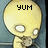 Pixelated yellow skull with single large eye and small eye, black text 'YUM' above head on blue background.