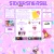 Pixelated image of a grid layout with multiple small icons on a pink background, including a yellow square and a red-orange shape.