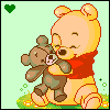 Pixelated cartoon bear in red shirt hugs smaller brown teddy bear on light green background with green heart symbol.