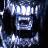 Pixelated static icon with blue and white abstract shapes on black background, resembling a stylized mechanical or robotic form with glowing elements.