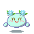Pixelated character with light blue body, brown eyes, red mouth, pink cheeks, and blue flower crown with green leaves, shown in four variations with differing arm positions and flower center colors.