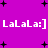Purple background with black plus signs and repeated white text 'LaLaLa:]' in two , static image with no animation