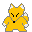 Six pixel art frames of a yellow fox-like character with white-tipped ears and tail, black nose, and angry expression performing sequential arm movements against gray background.