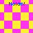 Pixelated yellow and pink checkered background with blue text reading "Nolan!" in four positions, transitioning between square and diamond patterns.