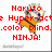 Pixelated image of a character in orange clothing with blue accents, overlaid by red text reading "Naruto Hyper-oct .color blind. NINJA!" on white background.