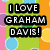 Pixelated icon with text "I LOVE GRAHAM DAVIS!" on green background, blue circles, and orange vertical stripe.