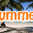 Beach scene with palm trees and ocean background, displaying animated text elements in various colors.